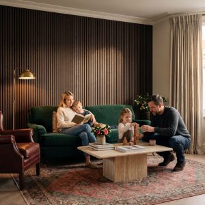2.4m Dark Oak Wall Panels installed as a feature wall behind a family sitting area with a green sofa and coffee table.