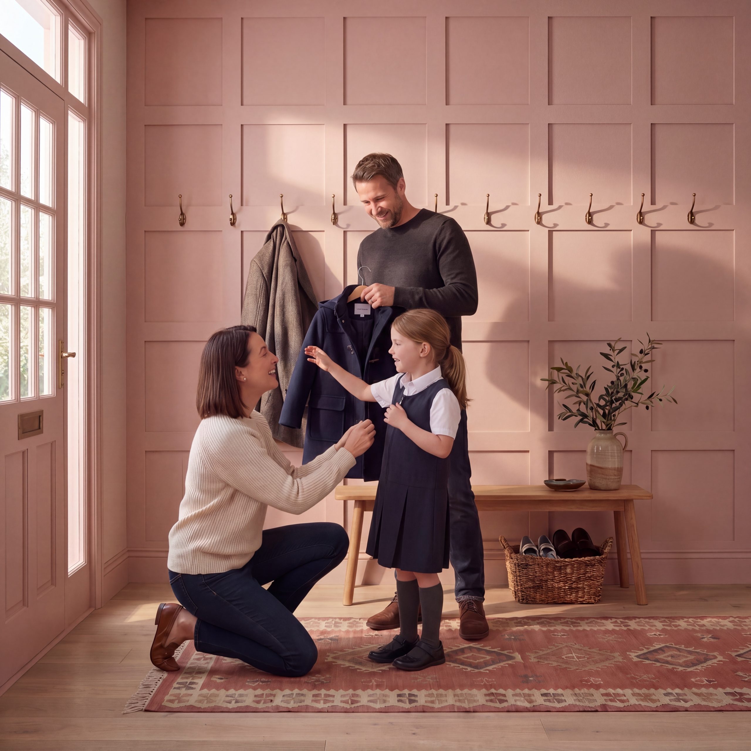 Square MDF Wall Panel Kit painted soft pink in a hallway with coat hooks, bench seating and family school uniform storage.