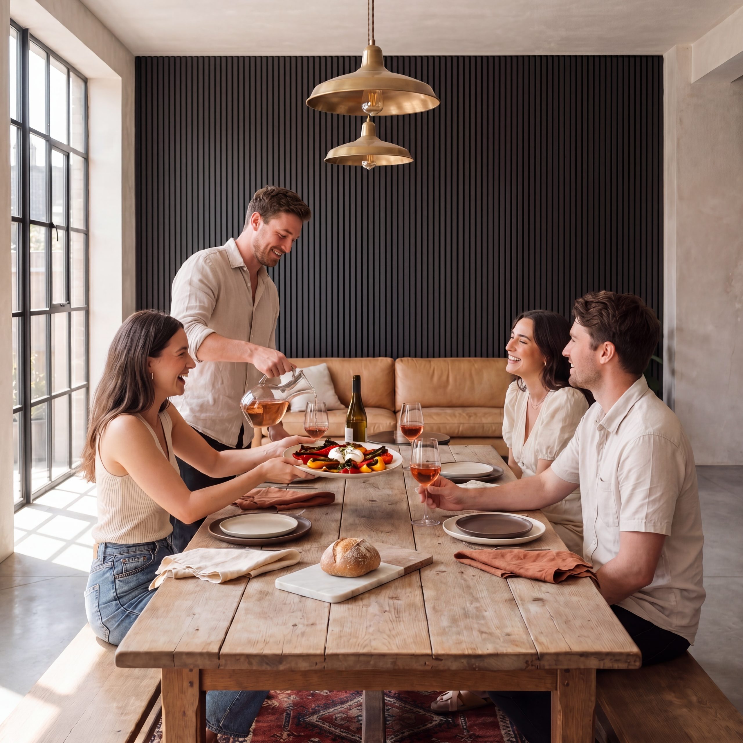 2.4m Slate Grey Wall Panels installed vertically behind a dining table in a modern open-plan dining room.
