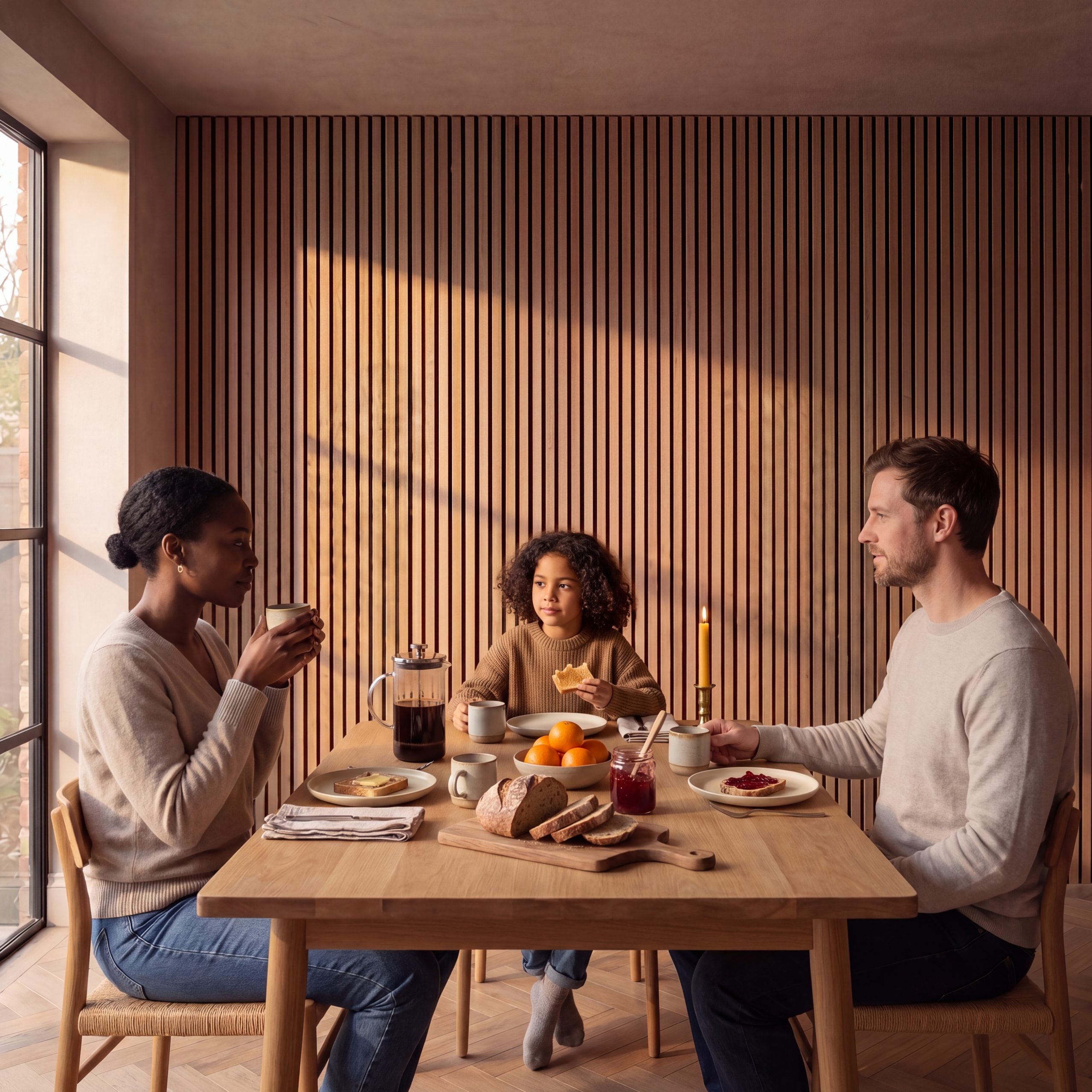 2.4m Medium Oak Wall Panels installed vertically behind a family breakfast table in a warm modern dining space.
