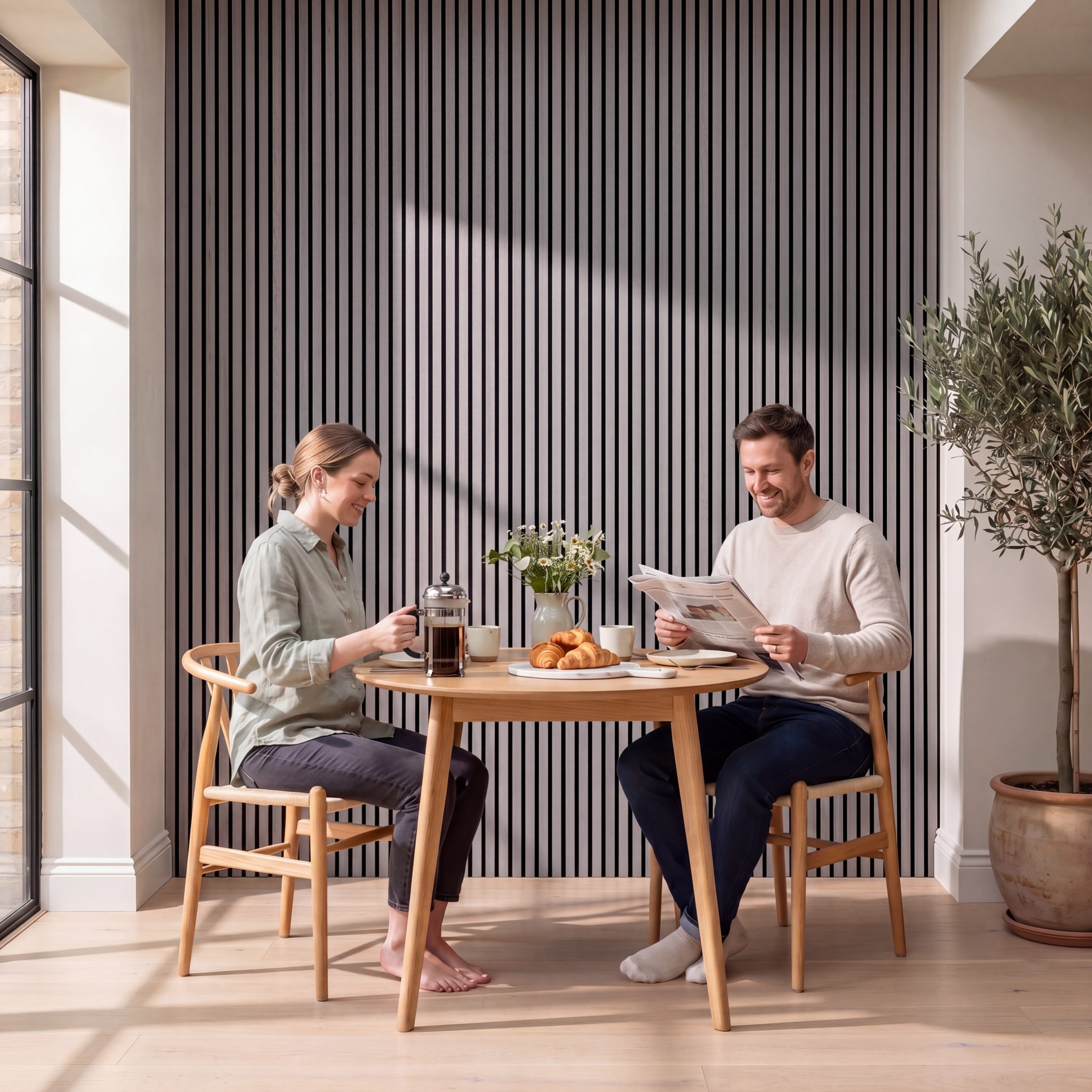2.4m Alder Grey Wall Panels installed vertically behind a breakfast table in a bright modern dining nook.