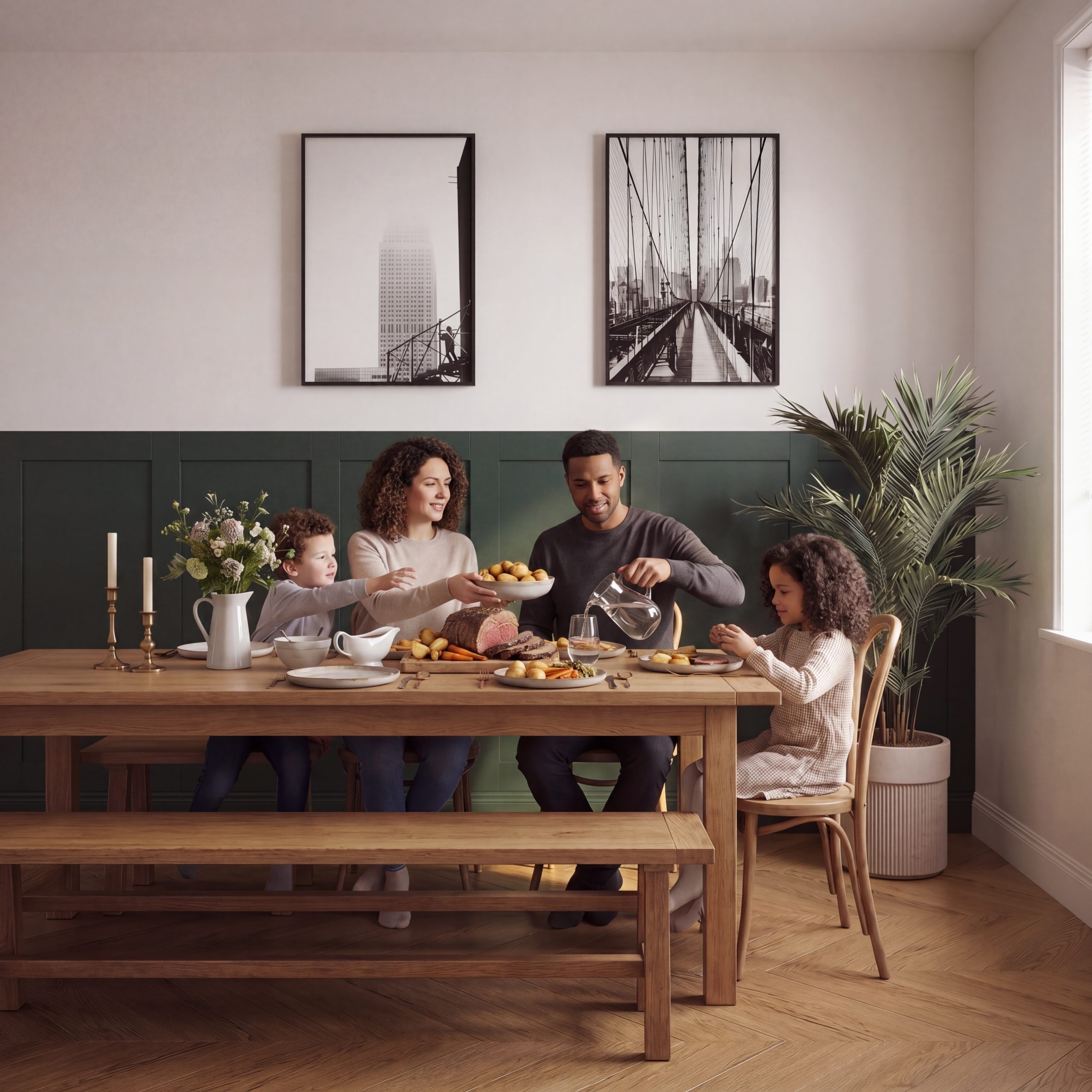 1.2m MDF Wall Panel Kit installed as half-height wall panelling in a dining room with family dining table and dark green painted finish.