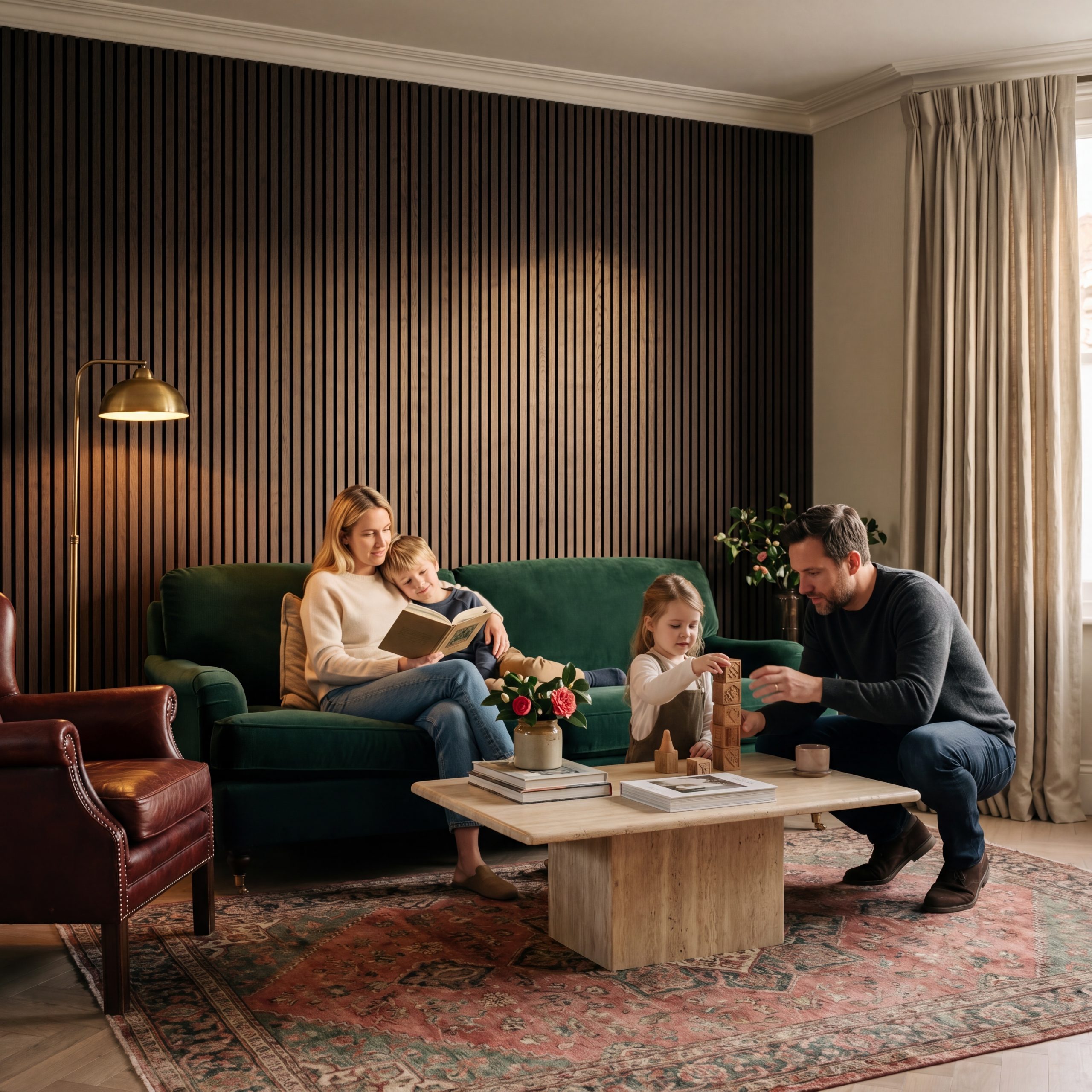 2.4m Dark Oak Wall Panels installed as a feature wall behind a family sitting area with a green sofa and coffee table.