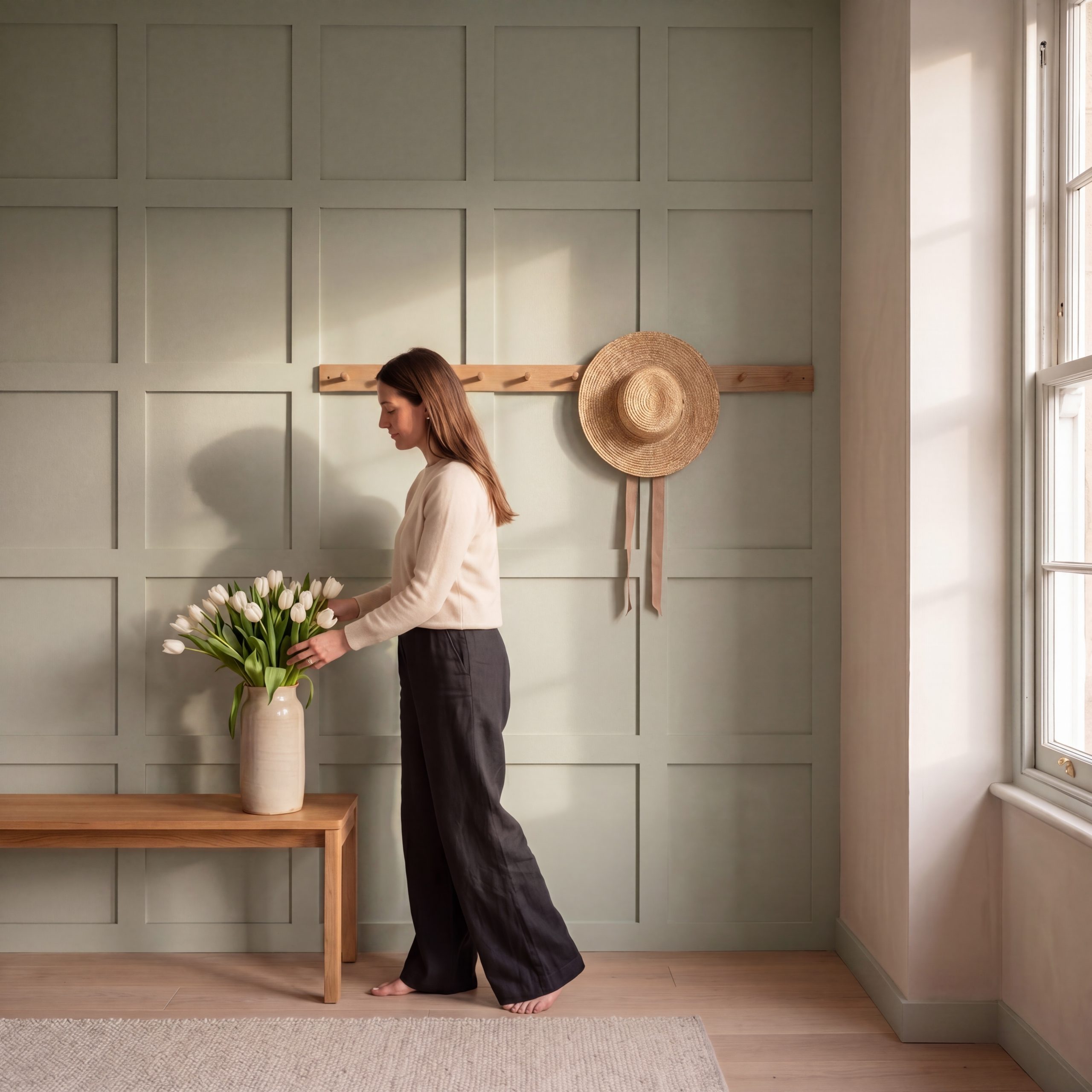 Square MDF Wall Panel Kit painted sage green in a hallway with a wooden peg rail, bench and decorative flowers.