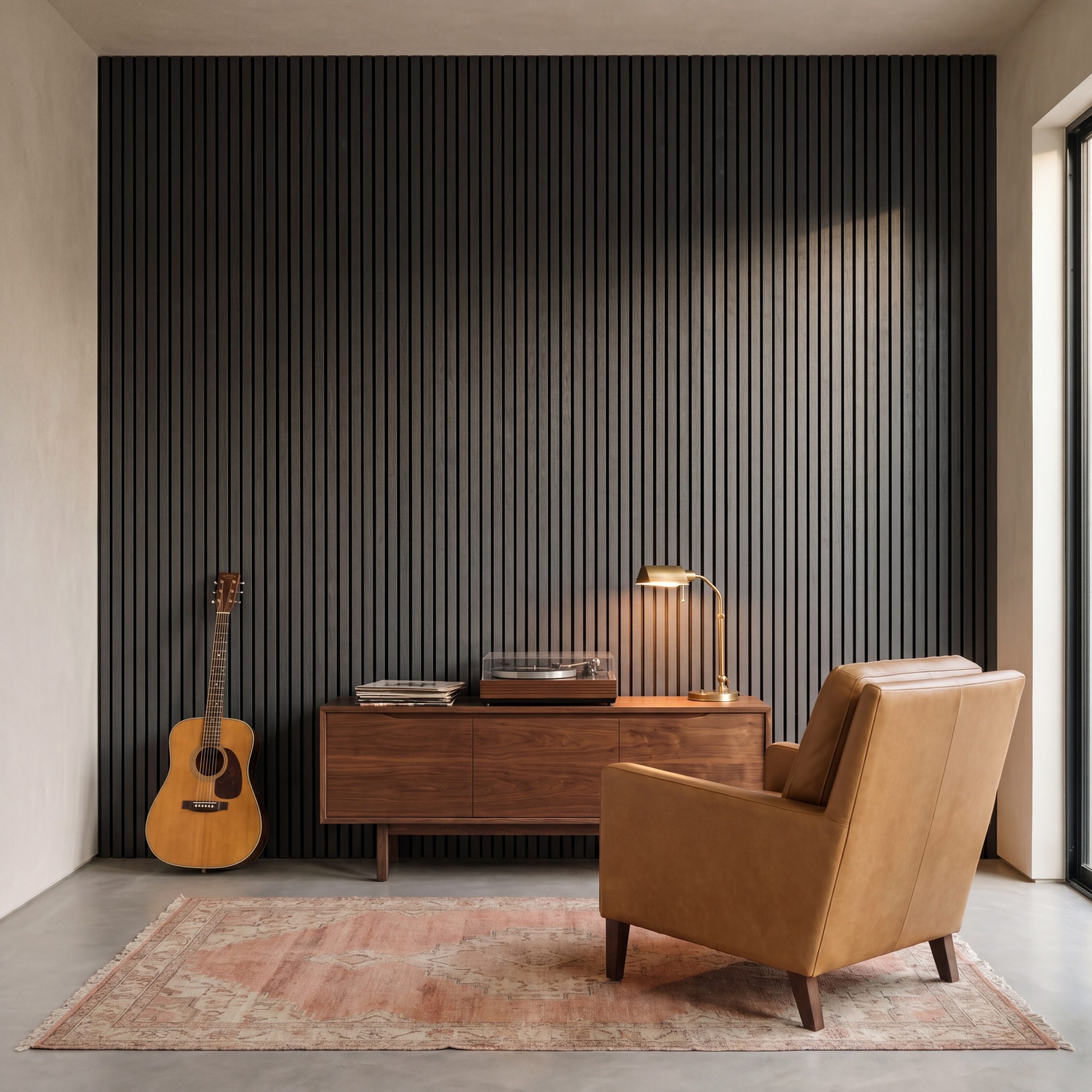 2.4m Slate Grey Wall Panels installed vertically behind a wooden sideboard, guitar and tan leather chair in a modern music room.