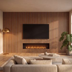 2.4m Medium Oak Wall Panels installed vertically behind a TV and fireplace in a modern living room media wall.