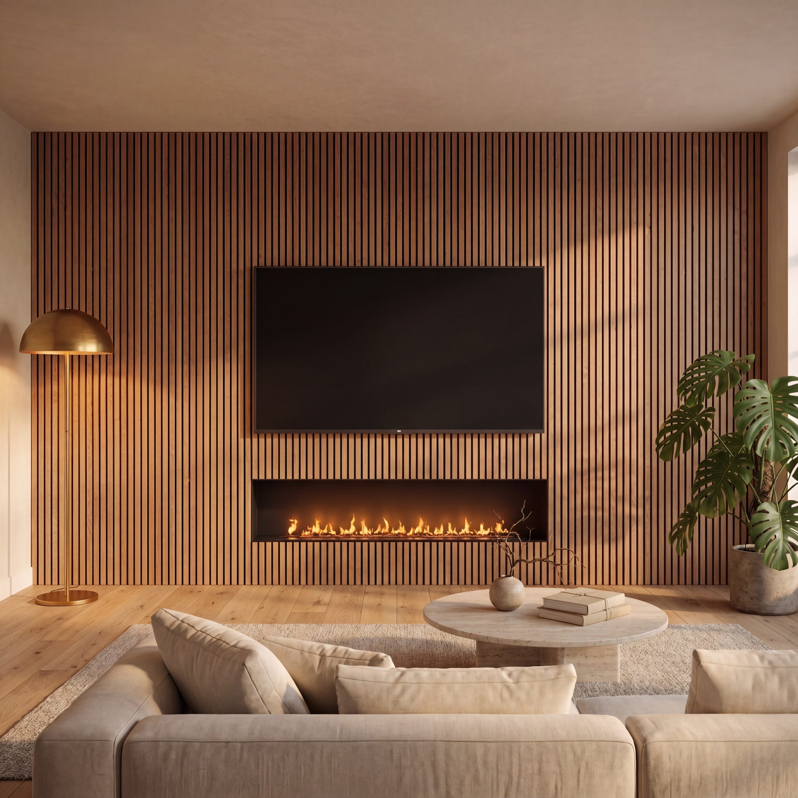 2.4m Medium Oak Wall Panels installed vertically behind a TV and fireplace in a modern living room media wall.