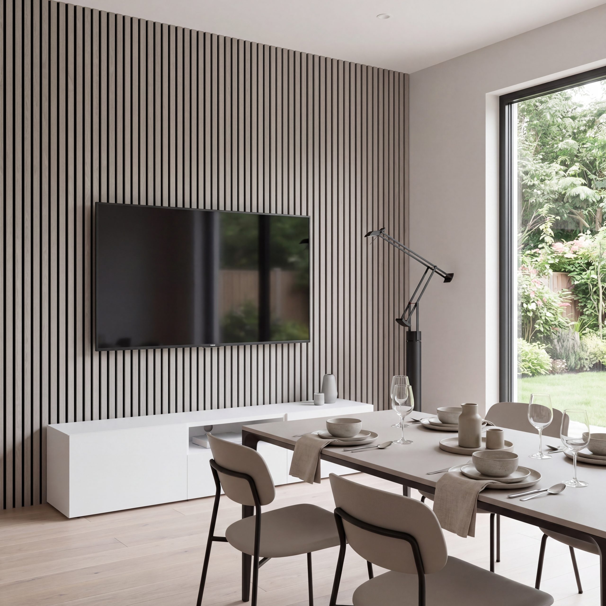 2.4m Alder Grey Wall Panels installed vertically behind a wall-mounted TV in a modern dining and living space.