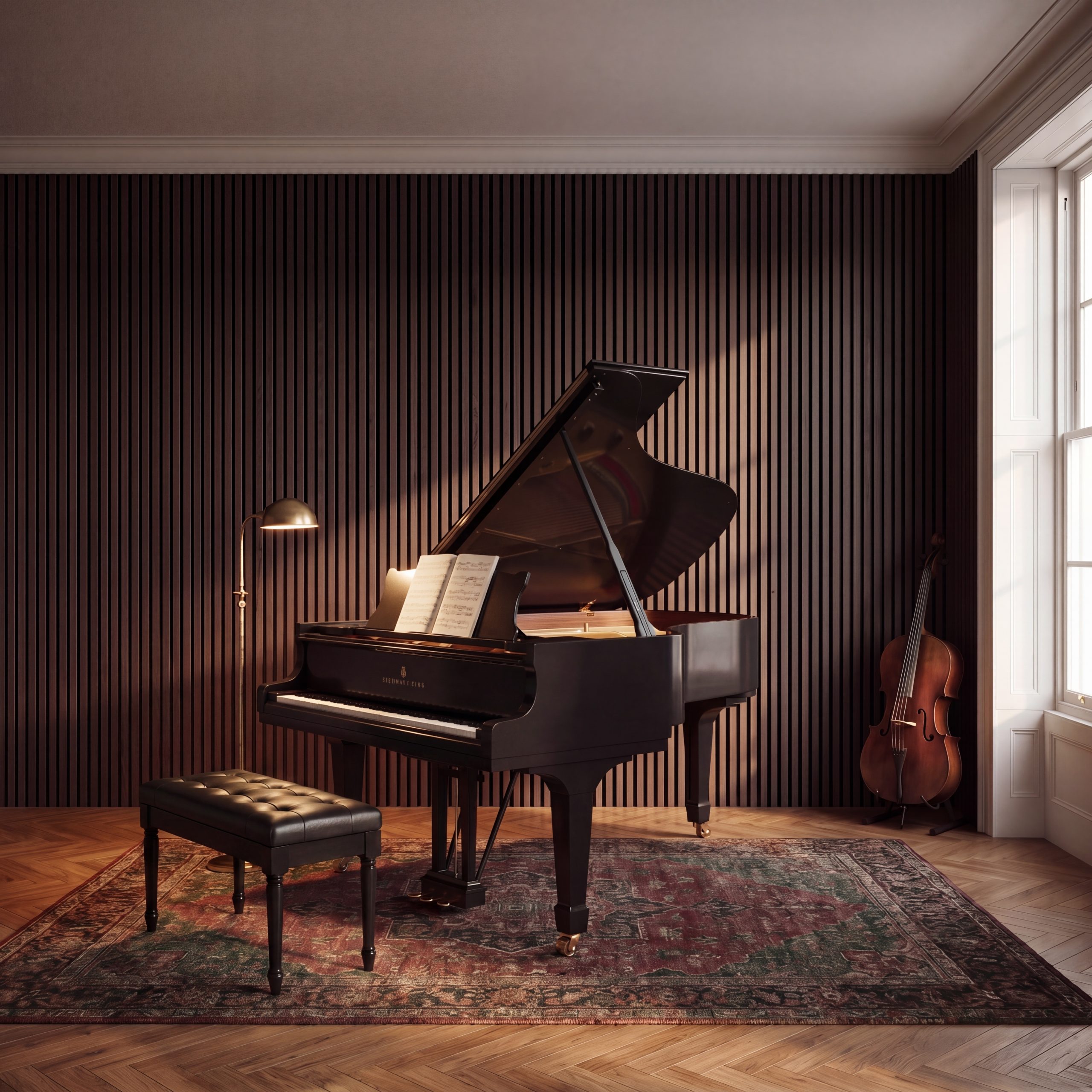 2.4m Dark Oak Wall Panels installed behind a grand piano in a music room with a cello and patterned rug.