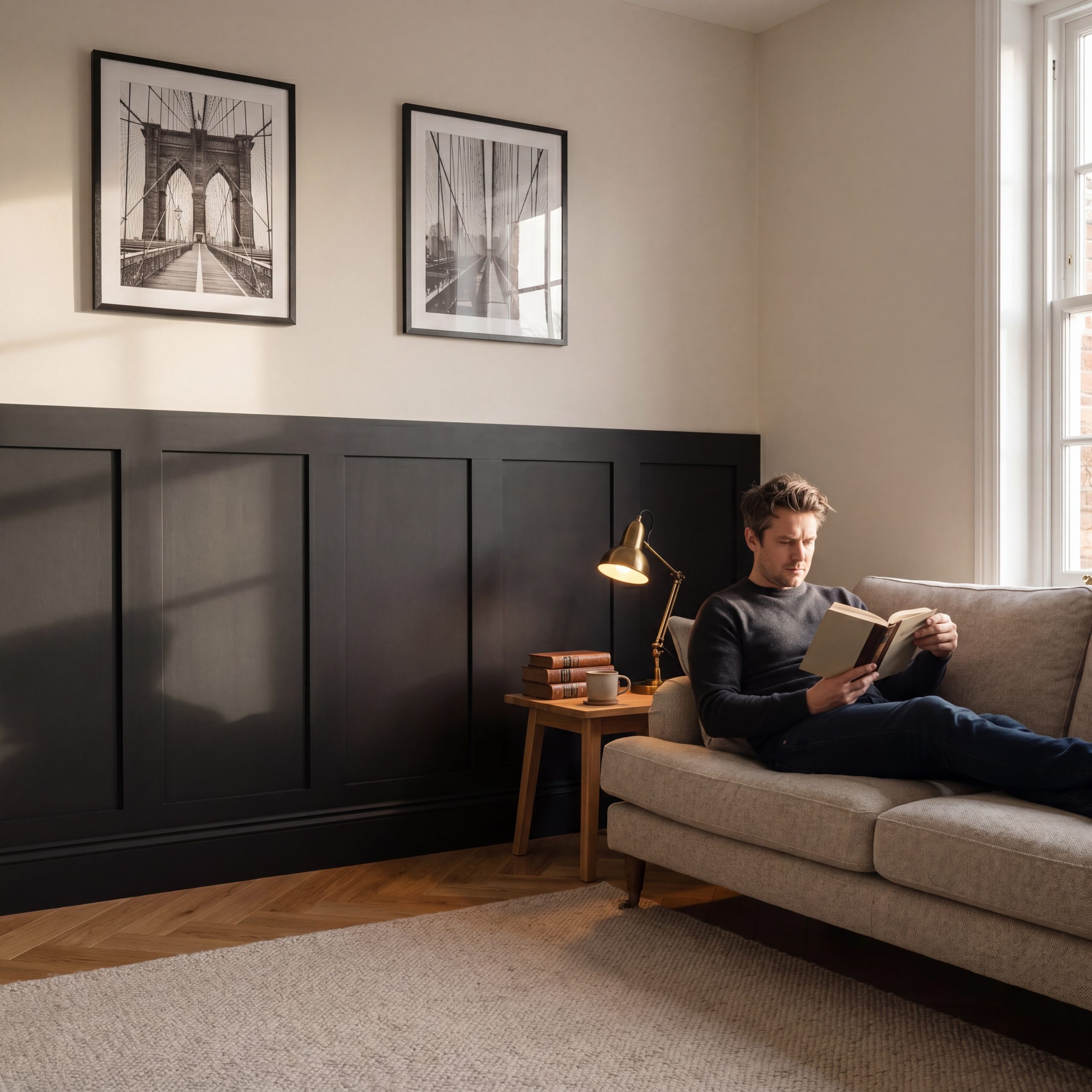 Paintable 1.2m MDF Wall Panel Kit installed as half-height wall panelling behind a sofa in a modern living room.