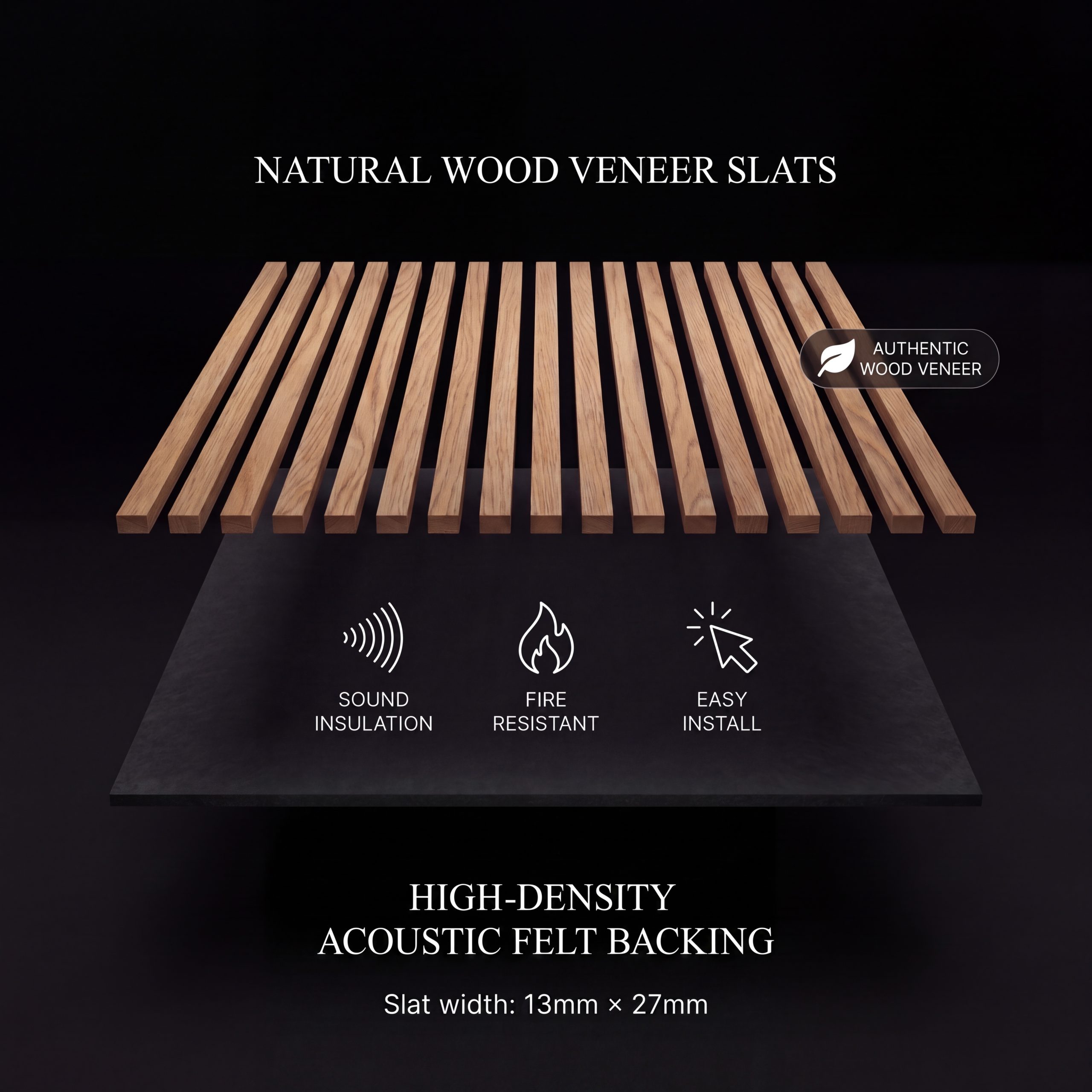 Product infographic showing 2.4m Medium Oak Wall Panel slats with acoustic felt backing, sound insulation, fire resistance and easy installation.