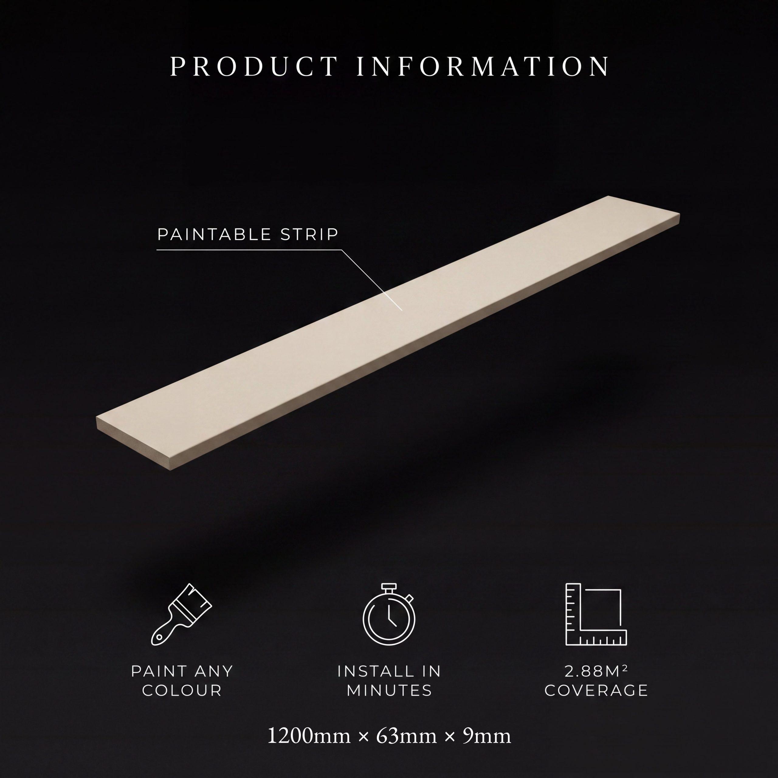 Product information graphic showing a paintable MDF strip for the Square MDF Wall Panel Kit with paint any colour, install in minutes and 1.44 square metre coverage icons.