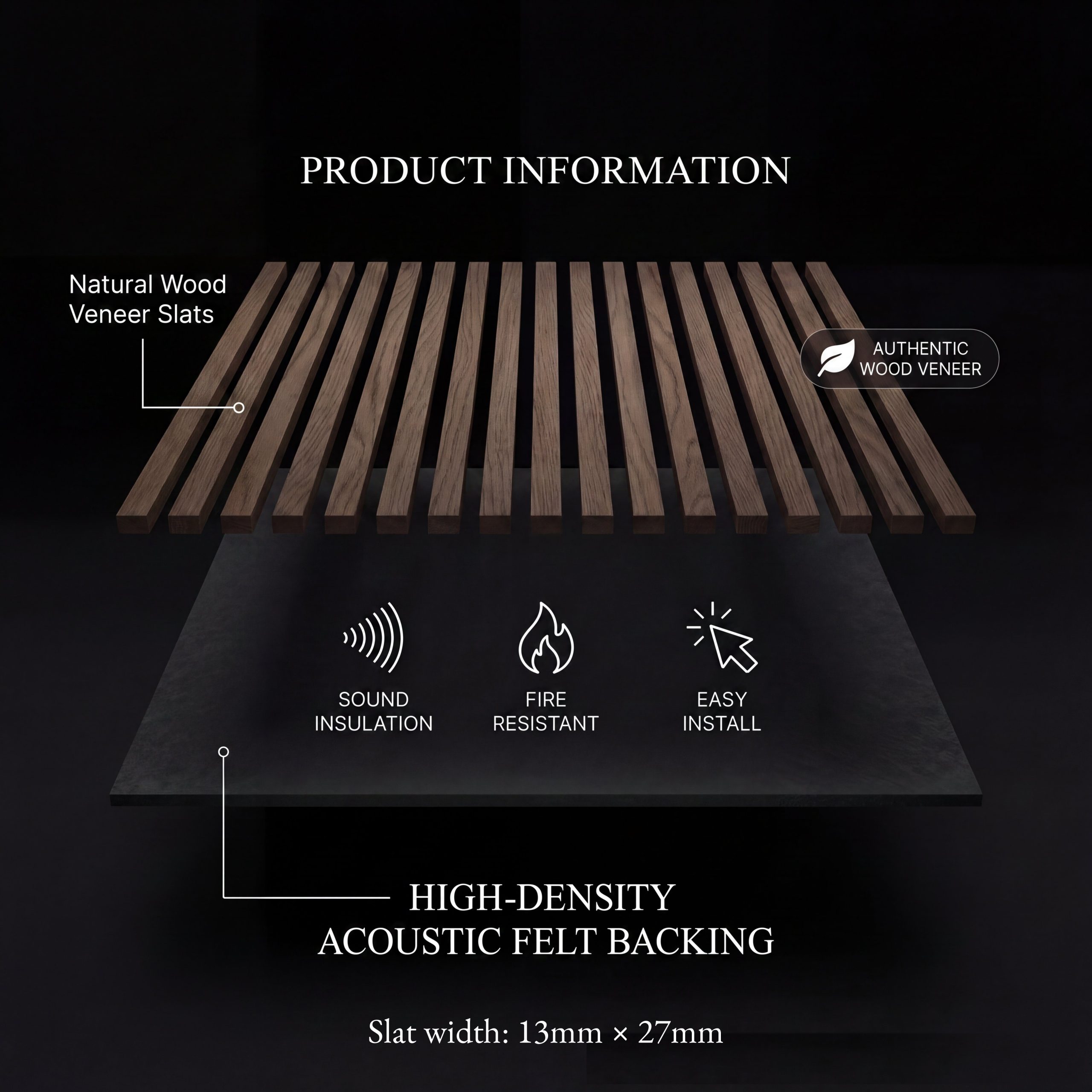Product information graphic for 2.4m Dark Oak Wall Panel showing wood-effect slats, acoustic felt backing, sound insulation, fire resistance and easy installation.