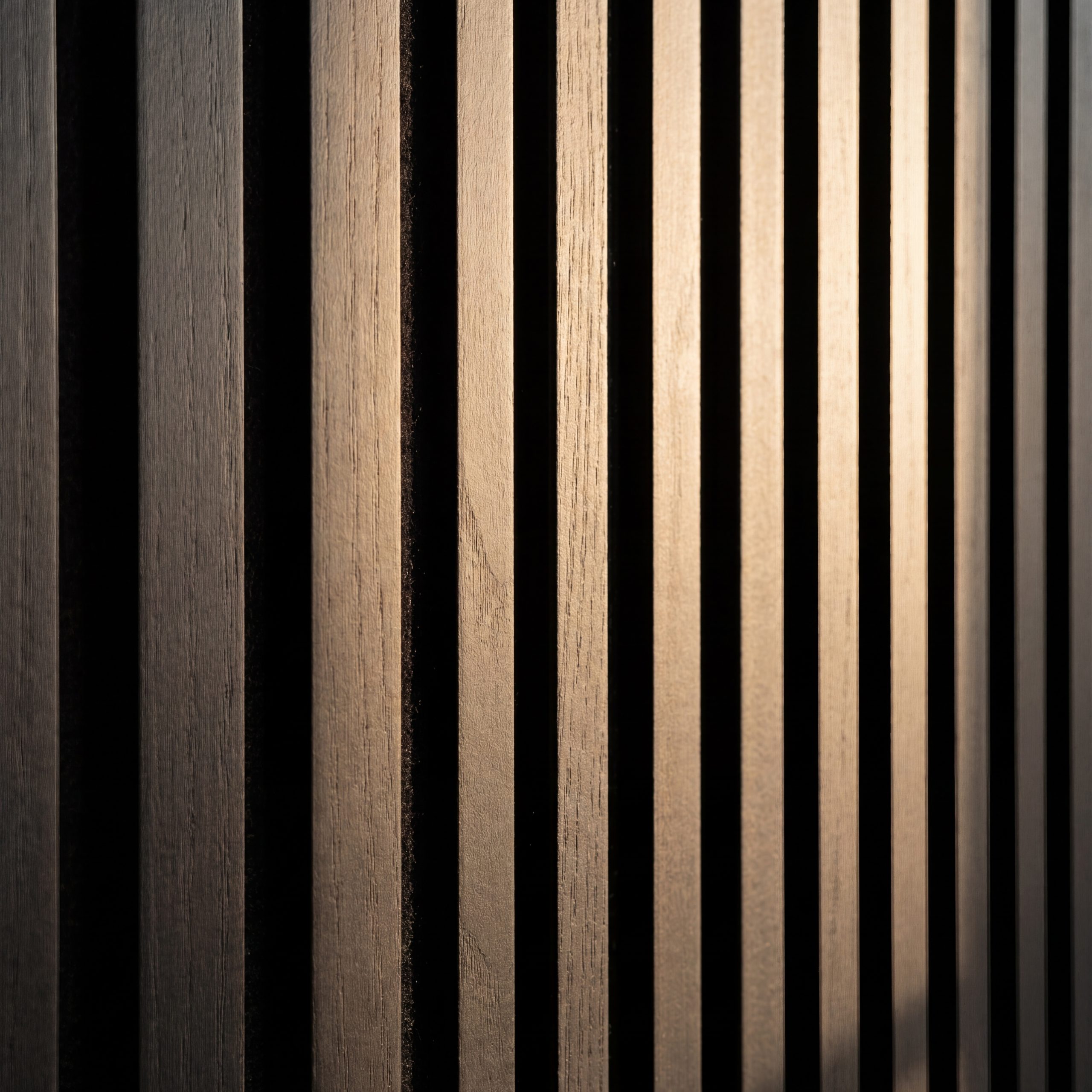 Close-up of 2.4m Slate Grey Wall Panel showing narrow grey wood-effect slats, realistic grain detail and black acoustic felt backin