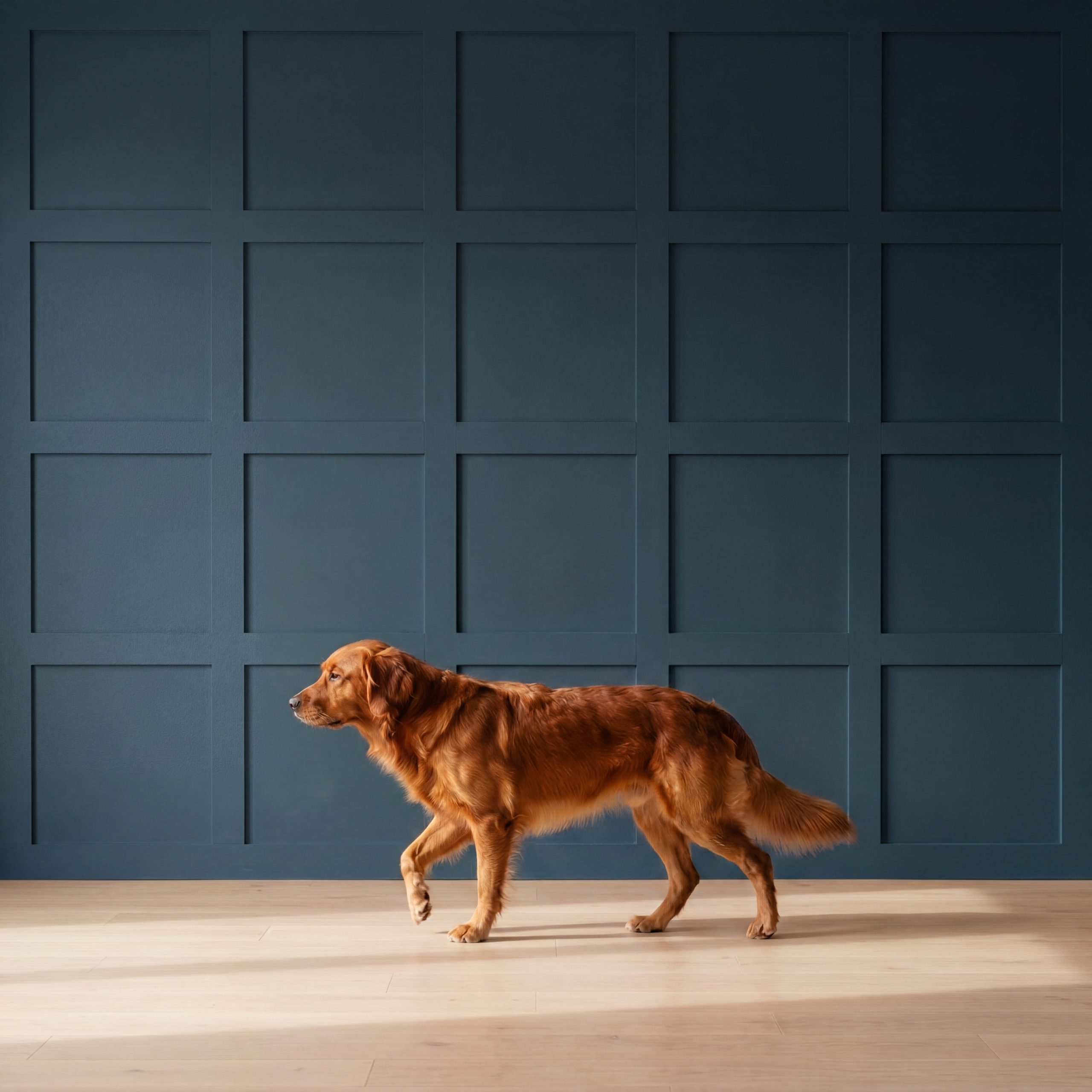 Golden retriever walking in front of a blue Square MDF Wall Panel Kit used as a full-height feature wall.