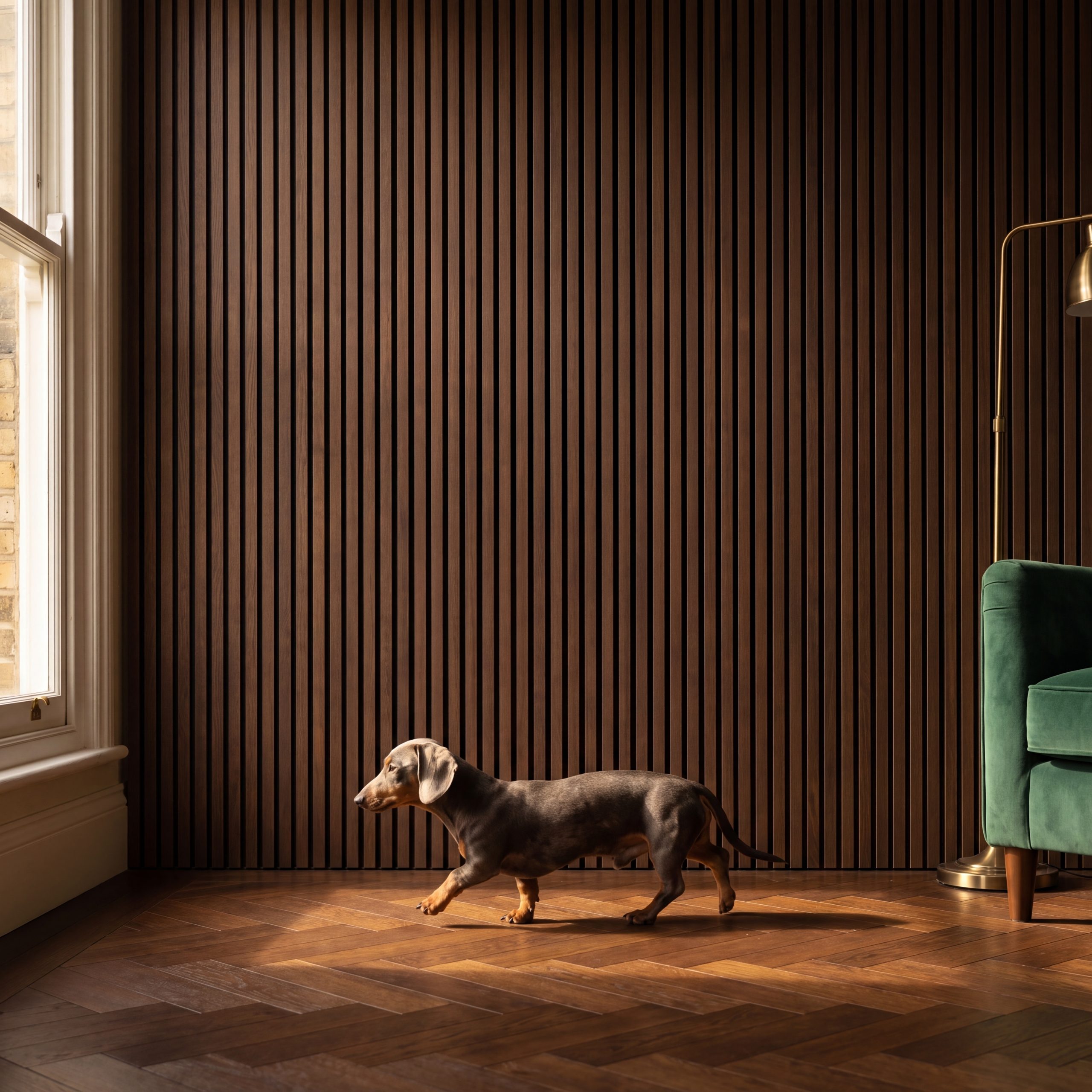 2.4m Dark Oak Wall Panel installed vertically behind a dachshund in a stylish interior with parquet flooring and a green armchair.