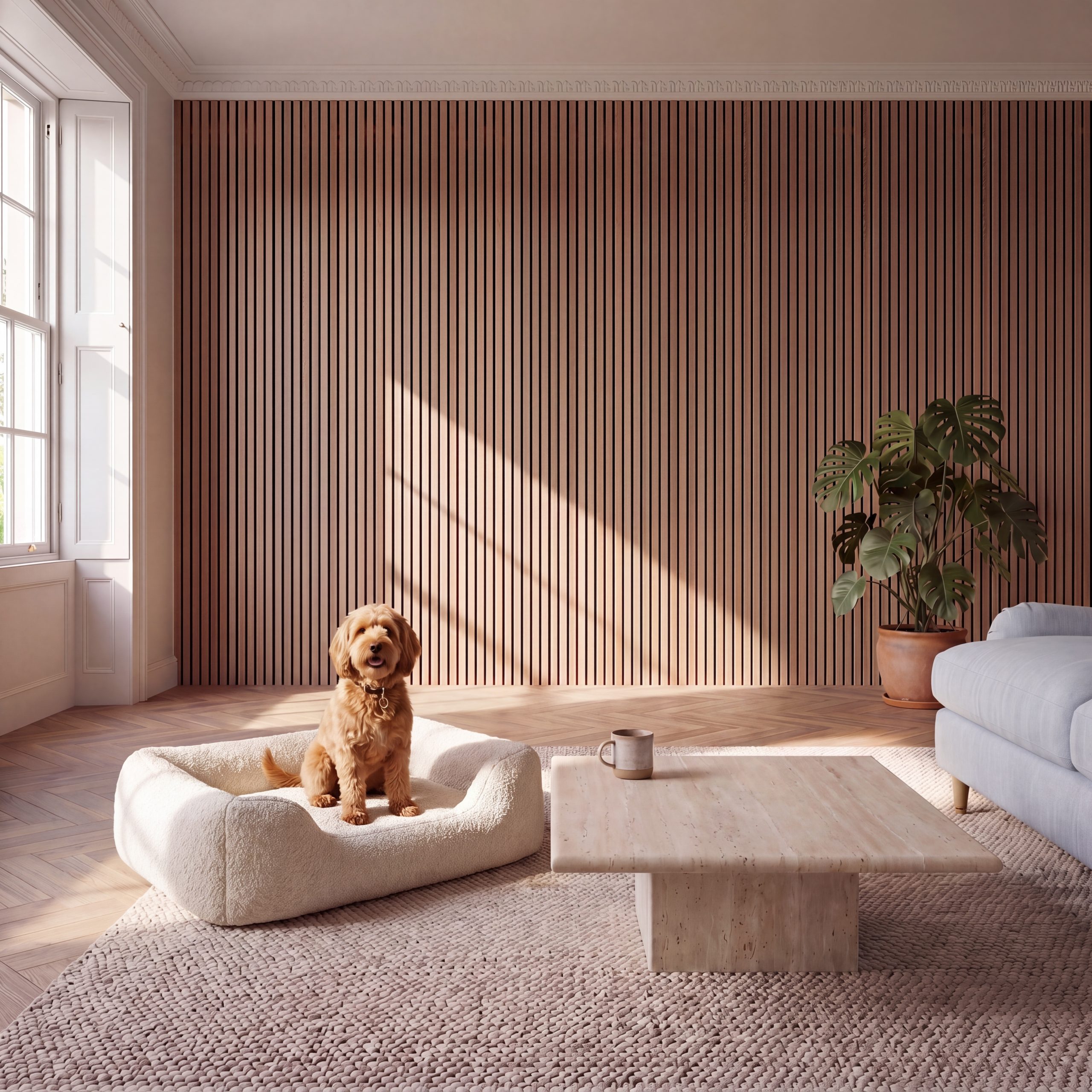 Small dog sitting in front of 2.4m Medium Oak Wall Panels installed vertically in a bright living room.