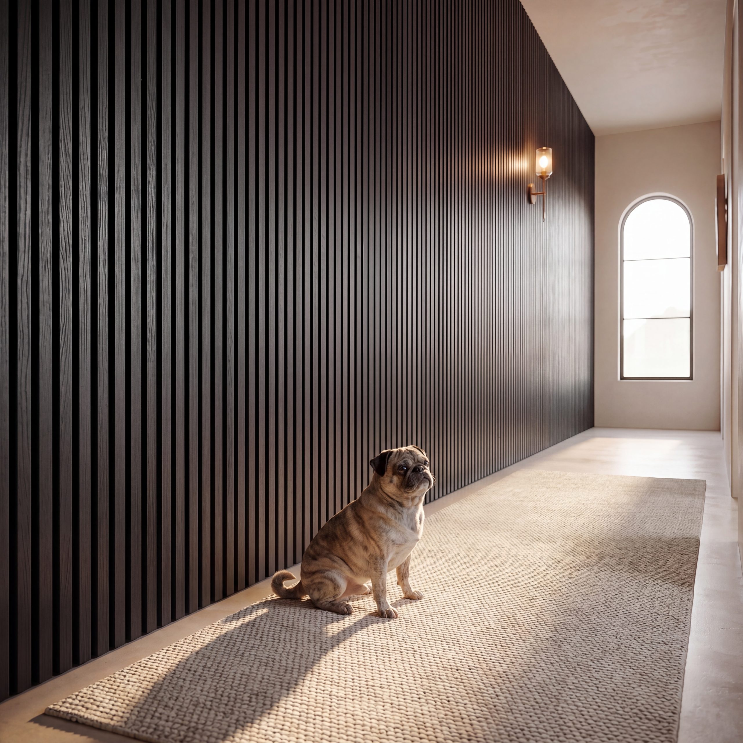 Pug sitting in a hallway with 2.4m Slate Grey Wall Panels installed vertically along the wall.