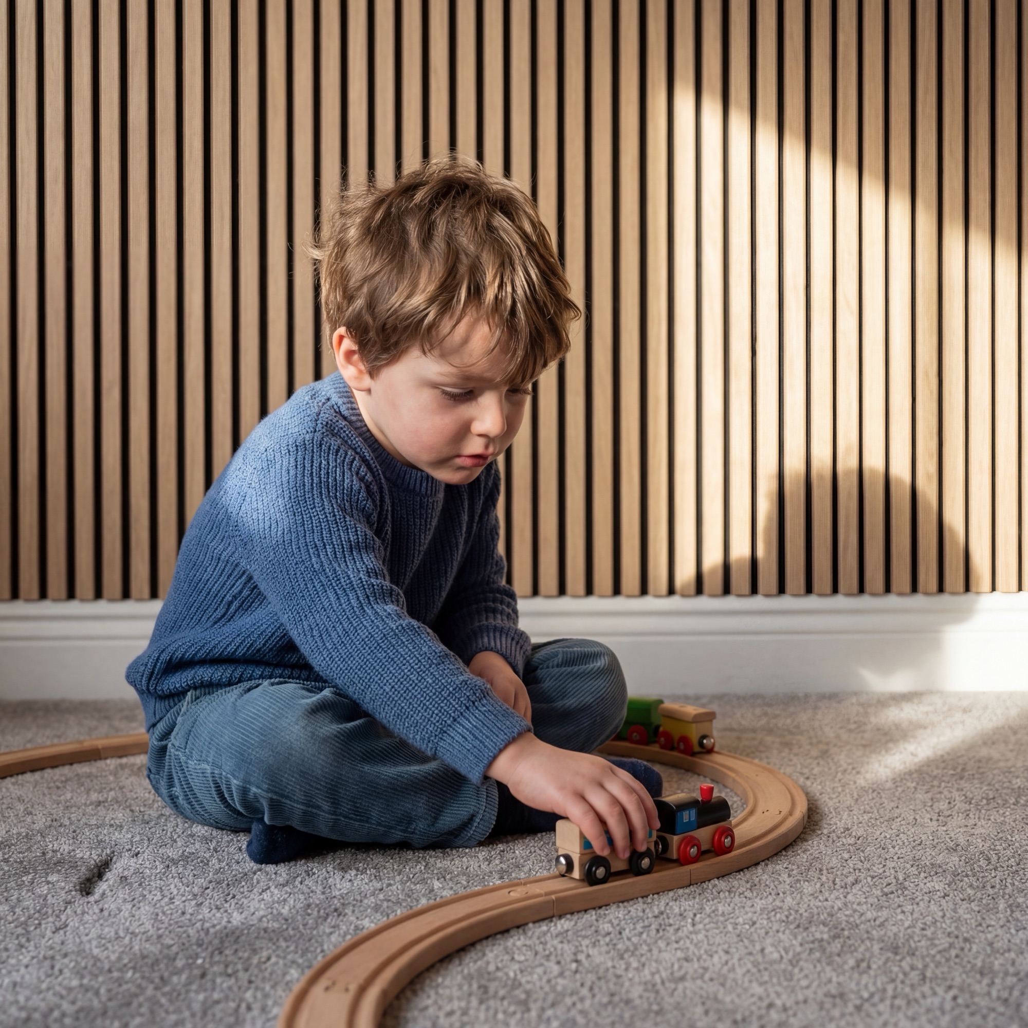 2.4m Natural Oak Wall Panels installed behind a child playing with a wooden train set on a carpeted floor.