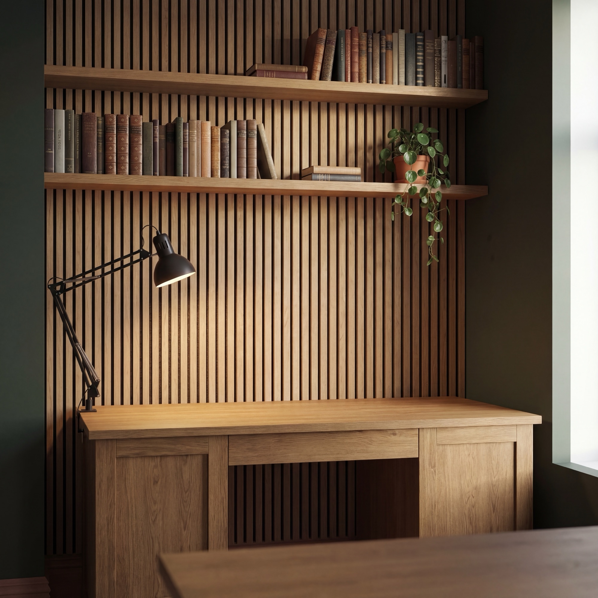 2.4m Natural Oak Wall Panels installed behind a wooden desk and shelving in a home office.