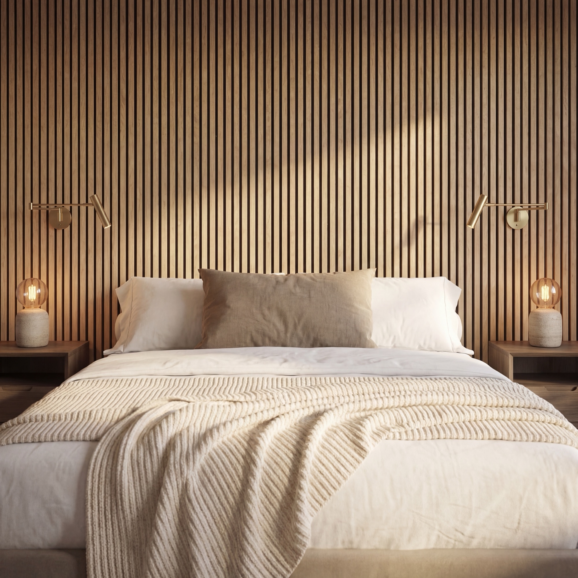 2.4m Natural Oak Wall Panels installed as a bedroom feature wall behind a bed with bedside lighting.