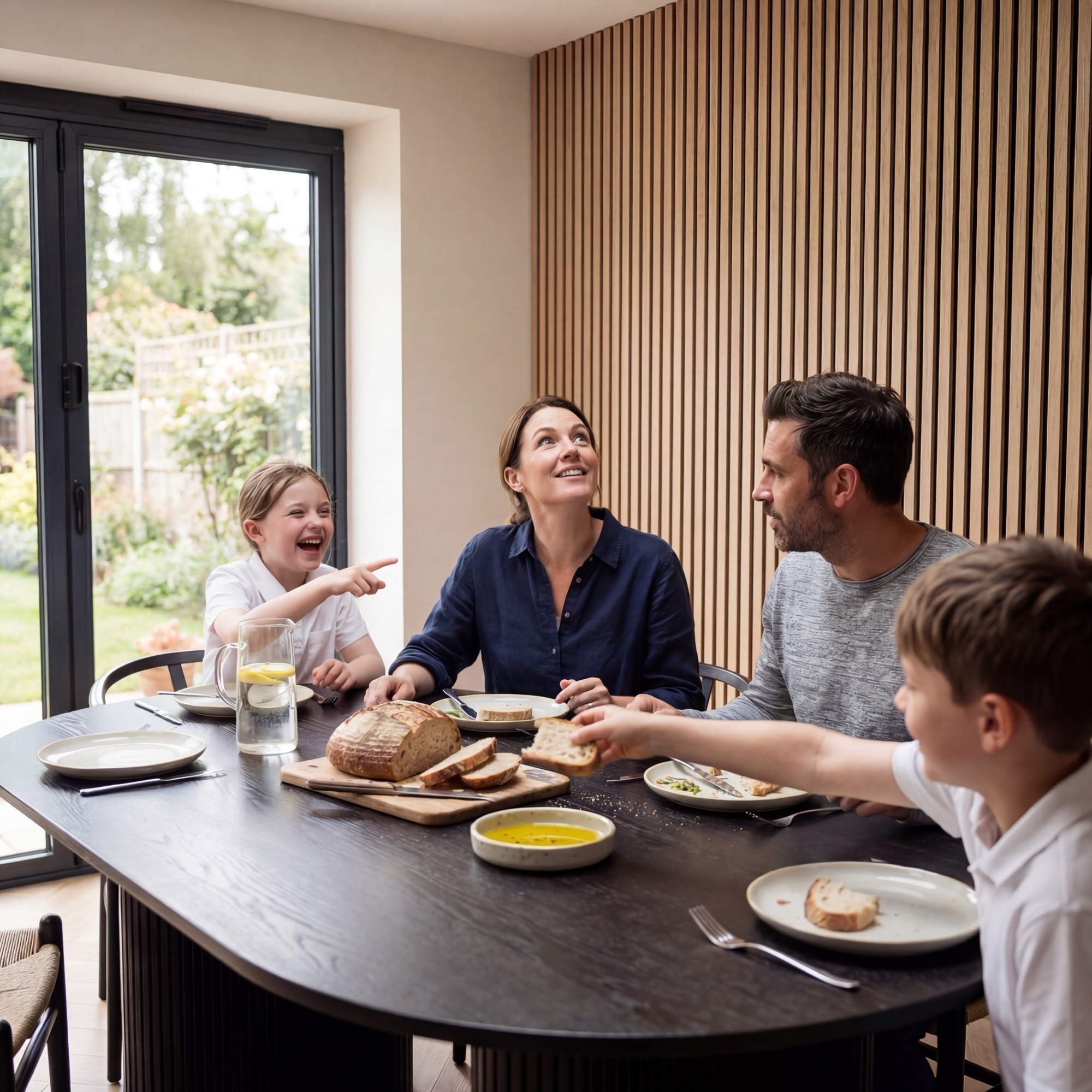 2.4m Natural Oak Wall Panels installed in a dining area, with a family seated around a dining table.