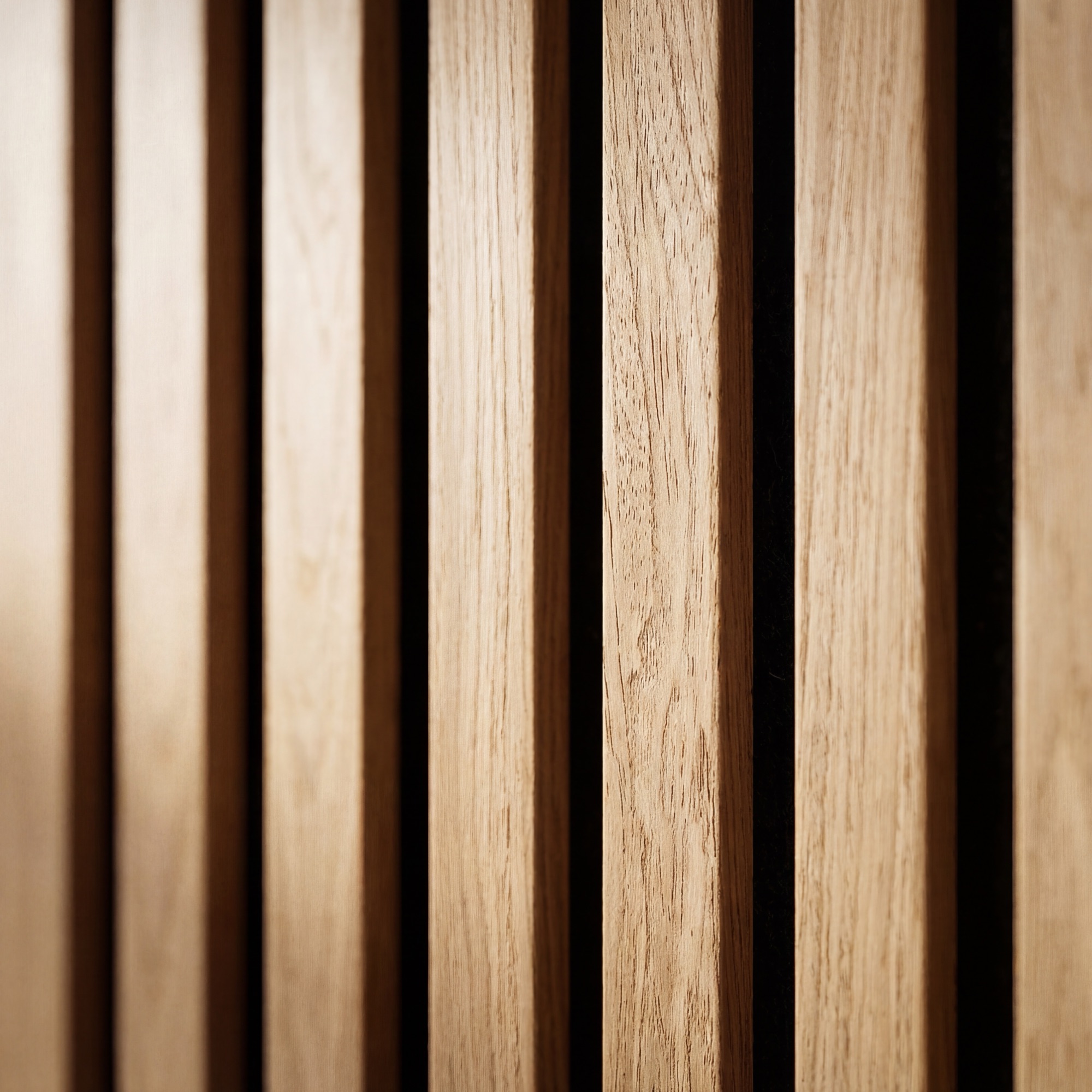 Close-up of 2.4m Natural Oak Wall Panel showing natural oak wood-effect slats and black felt backing.