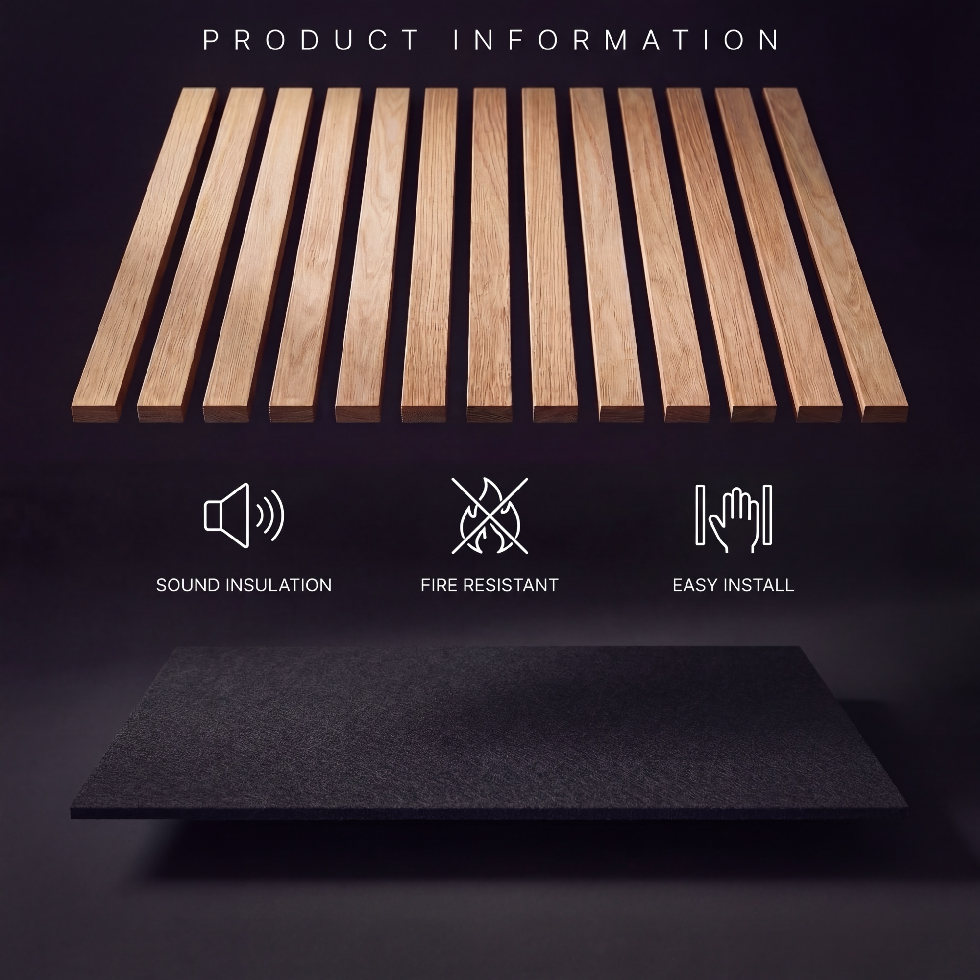 Product infographic showing 2.4m Natural Oak Wall Panel with wood-effect slats, recycled felt backing, sound insulation, fire resistance and easy installation.