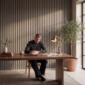 2.4m Lux Alder Grey Wall Panels installed vertically behind a wooden desk in a contemporary home office.
