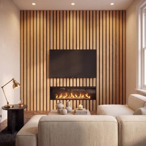 2.4m Lux Natural Oak Wall Panels installed vertically behind a TV and fireplace in a modern living room media wall.