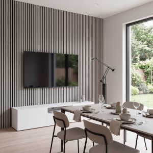 1.2m Alder Grey Acoustic Wall Panels installed vertically behind a wall-mounted TV in a modern dining and living space.
