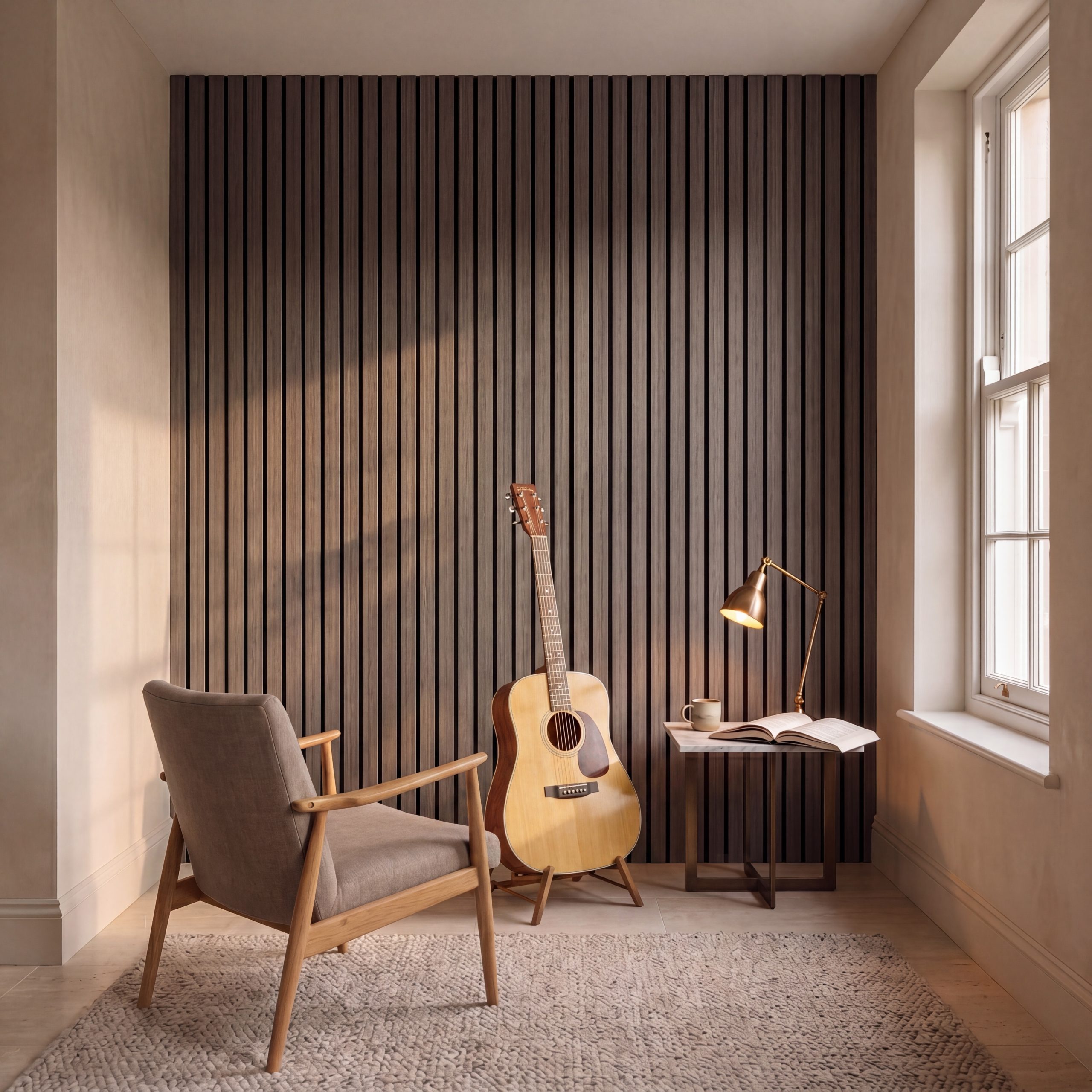 2.4m Lux Alder Grey Wall Panels installed vertically behind a chair, guitar and side table in a modern reading nook.