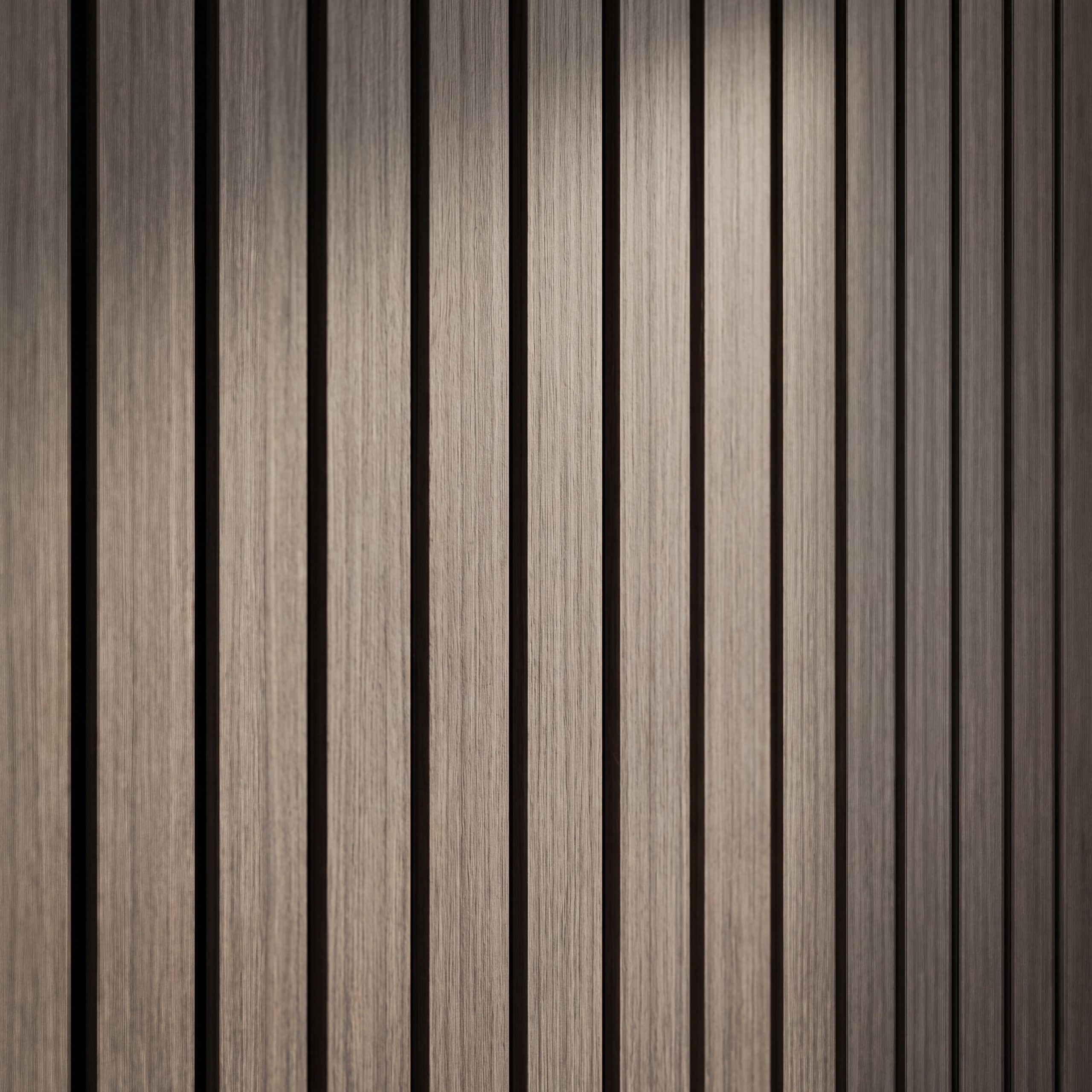 Close-up of 2.4m Lux Alder Grey Wall Panel showing the cool grey wood-effect finish, wide slats and black acoustic backing.