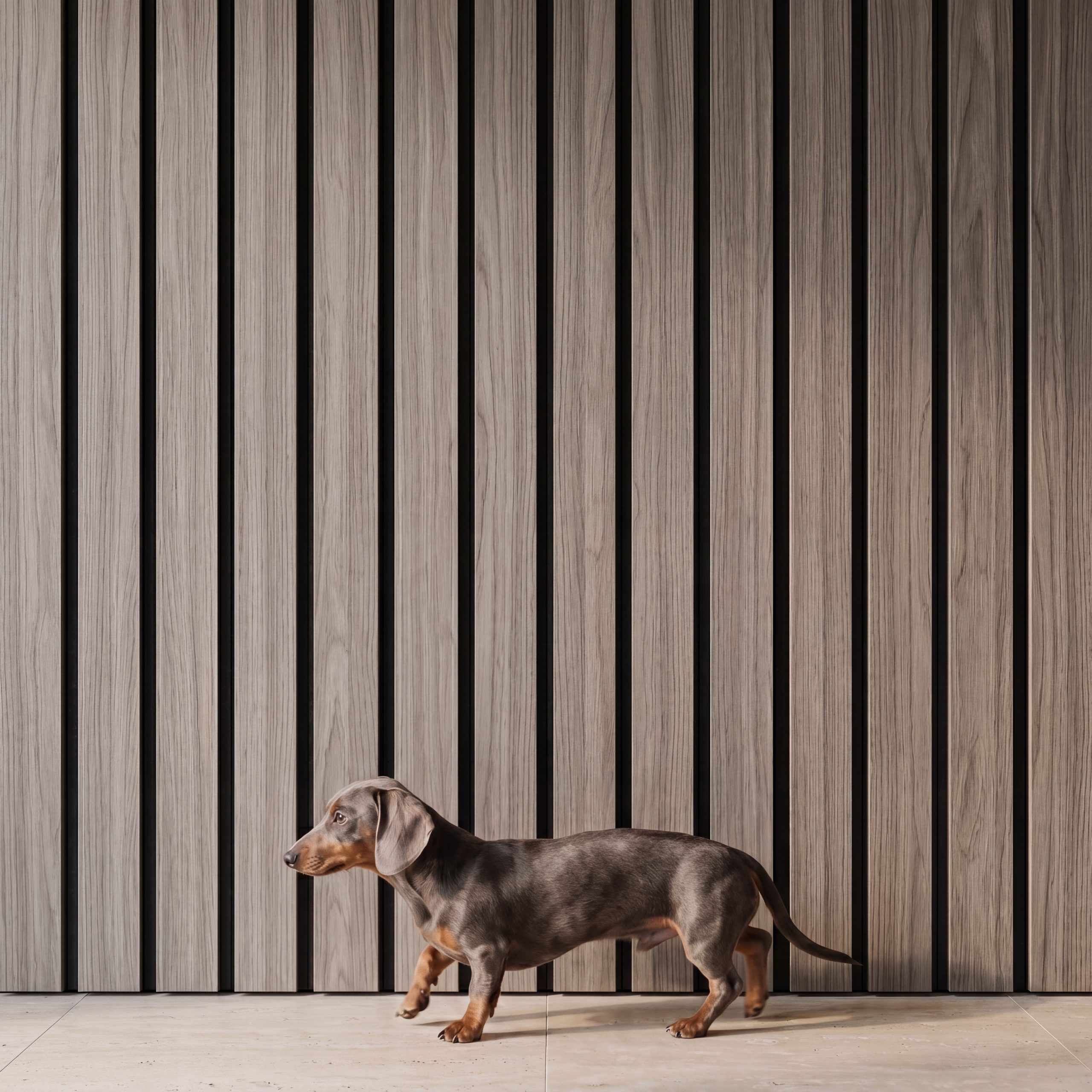 Dachshund walking in front of 2.4m Lux Alder Grey Wall Panels with wide wood-effect MDF slats and acoustic felt backing.