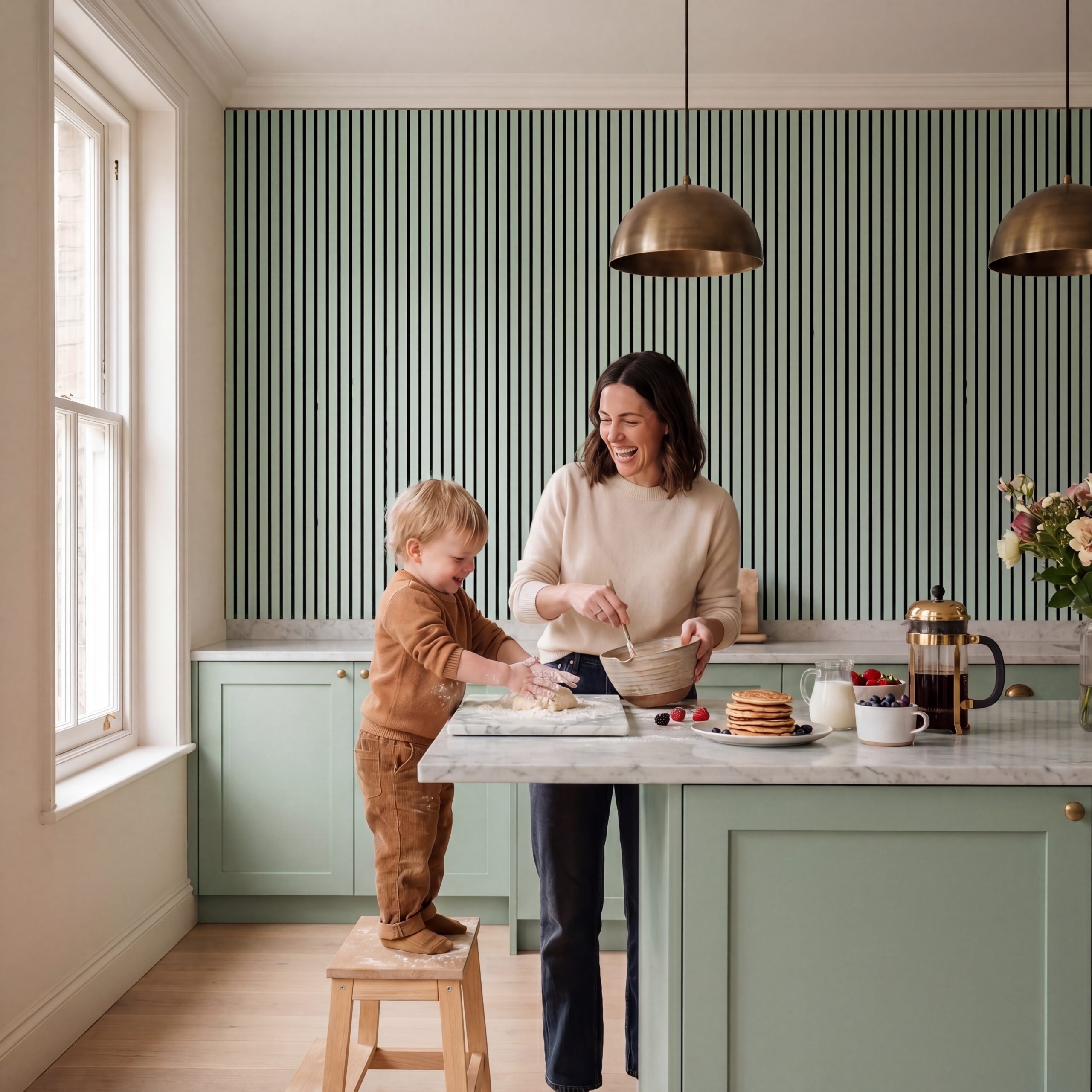 Sage Green Melamine Acoustic Wall Panels installed vertically in a modern kitchen with marble worktops and pendant lighting.
