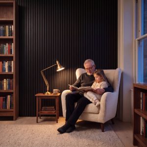 Cosy reading corner with Lustrous Black Melamine Acoustic Wall Panels, armchair, wooden bookshelves and warm table lighting.