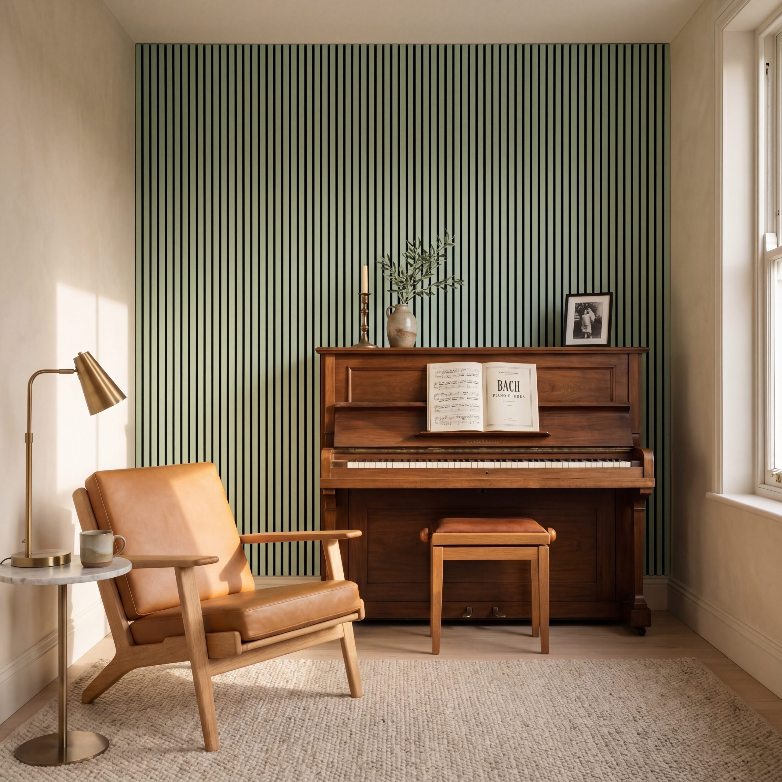 Sage Green Melamine Acoustic Wall Panels installed behind a wooden piano with a tan chair, brass lamp and neutral rug.