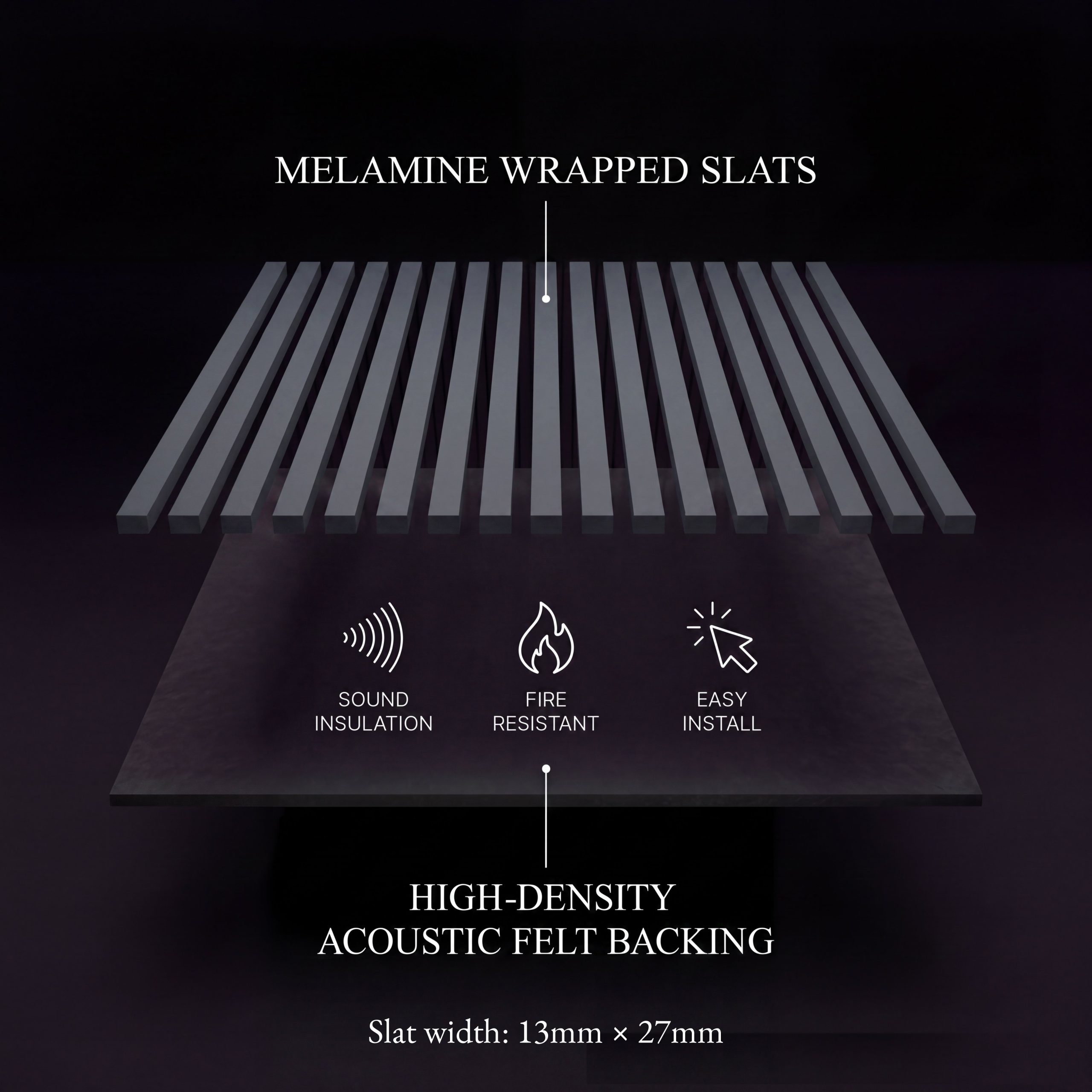 Product infographic showing Smokey Blue Melamine Acoustic Wall Panel slats with acoustic felt backing, sound insulation, fire resistance and easy installation icons.