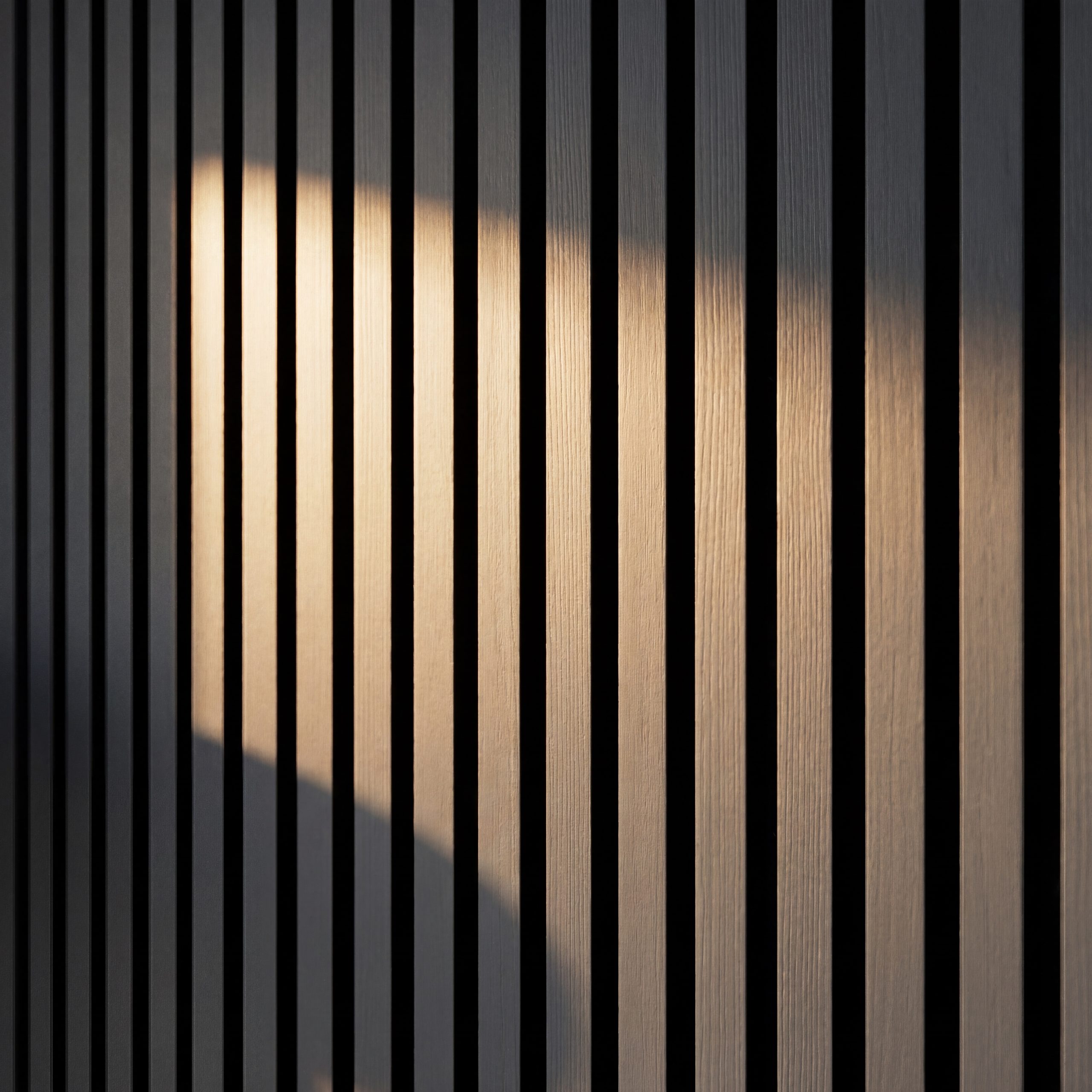 Close-up of Smokey Blue Melamine Acoustic Wall Panel slats showing the blue-grey finish, vertical profile and acoustic felt backing.
